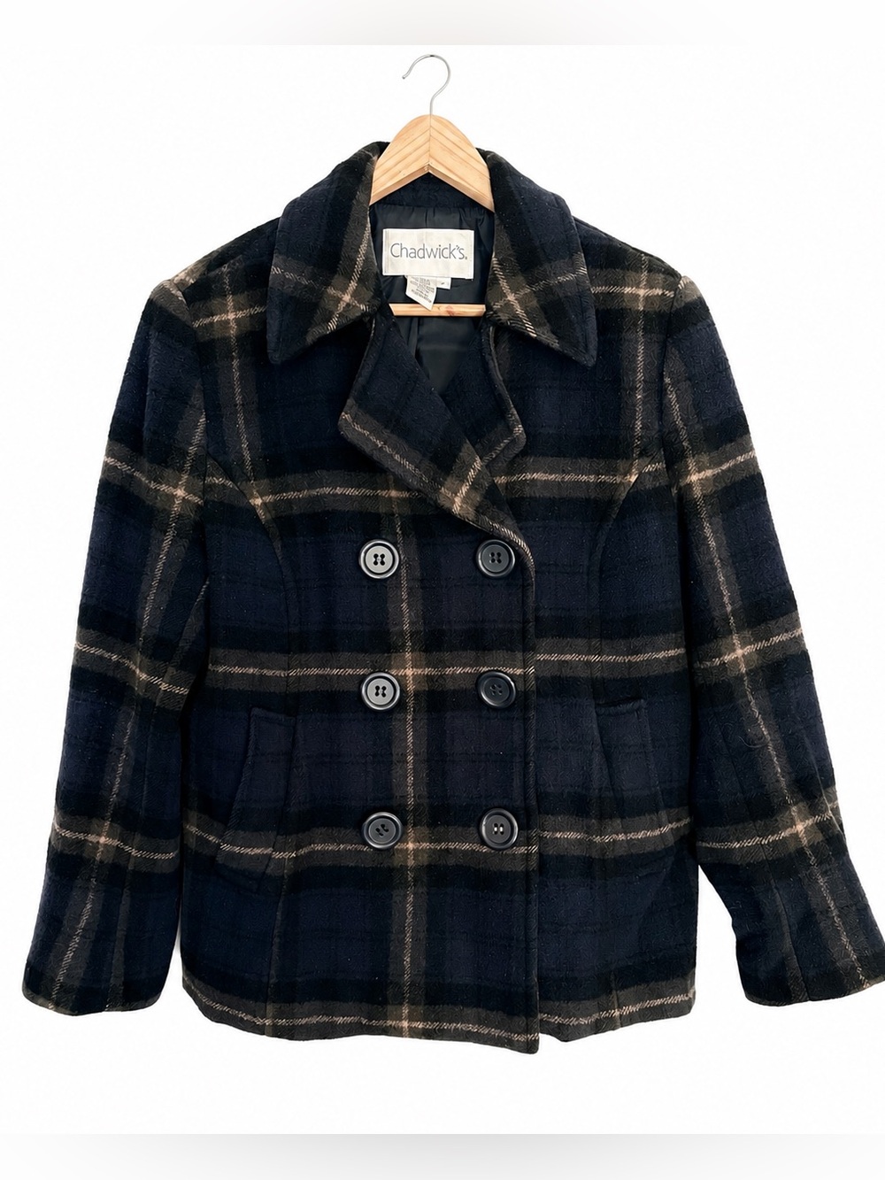 Chadwick’s Women’s 8P 100% Wool Plaid Peacoat Navy Double Breasted Preppy